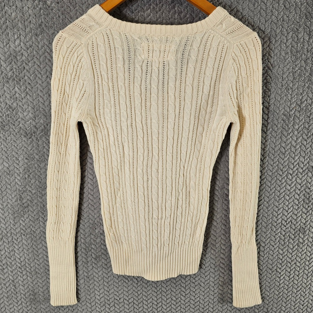 American Eagle Womens Cream Cable Knit V-Neck Sweater Long Sleeve Ivory‎ Medium - Picture 6 of 6